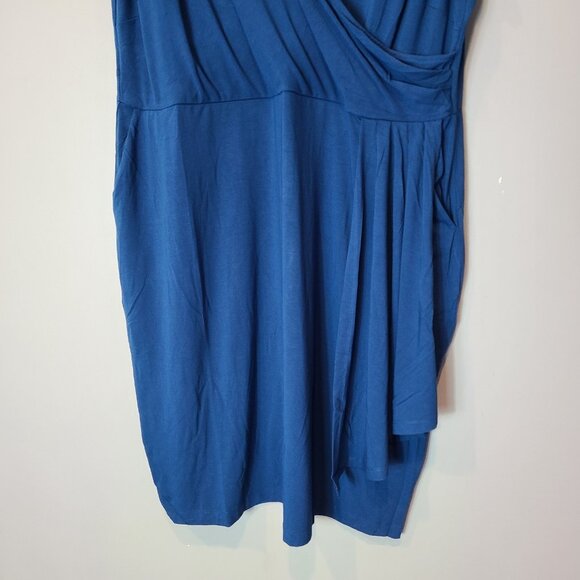 Betabrand Faux-Wrap Dress Blue Opal Pockets Stretch Size 2X New Art Deco - Picture 2 of 6